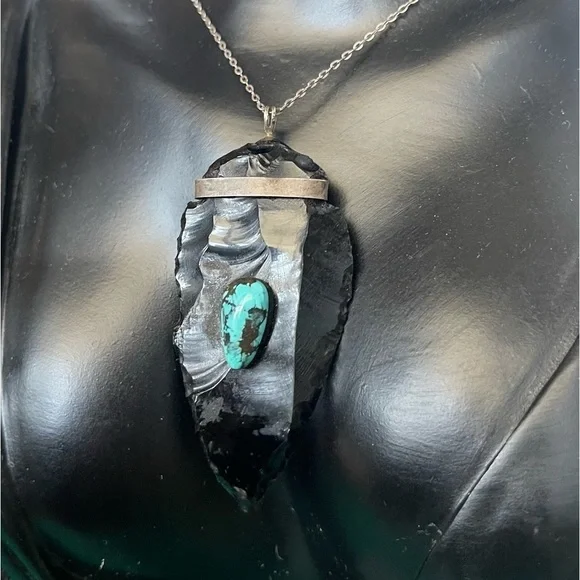 925 Sterling Silver Obsidian Pendant with Turquoise Inlay Artisan Native Jewelry